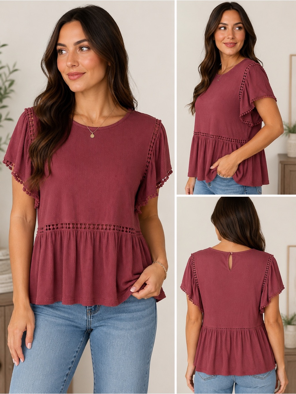 On The Road Burgundy Peplum Blouse with Crochet Trim